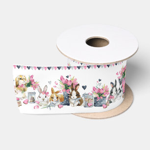 Ruban En Satin Joli lapin de Pâques et fleurs