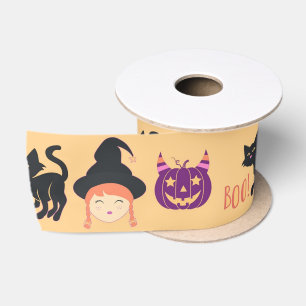 Ruban En Satin Joli motif de chat noir Halloween sorcière et citr