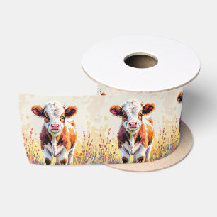 Ruban En Satin Joli veau à l'aquarelle dans les fleurs du champ