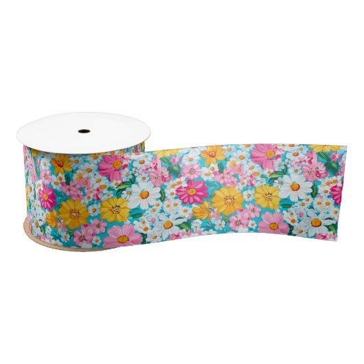 Ruban En Satin Jolie floral retro rose et bleu (Bobine)