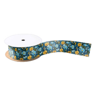 Ruban En Satin Jolie florale rétro jaune et bleue 