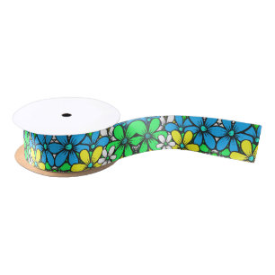 Ruban En Satin Jolies fleurs d'été lumineuses bleues jaunes et ve