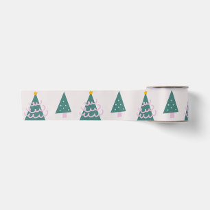 Ruban En Satin Jolis arbres gribouillis rose vert