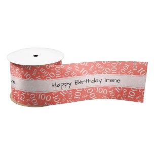 Ruban En Satin Joyeux Anniversaire 100 Motif Numéro Corail/Blanc