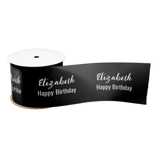 Ruban En Satin Joyeux Anniversaire blanc Nom de script noir (Bobine)