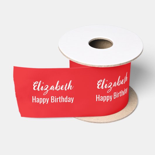 Ruban En Satin Joyeux Anniversaire blanc Nom de script rouge bril (Bobine)