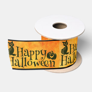 Ruban En Satin Joyeux Halloween Orange et Noir Texte Répété