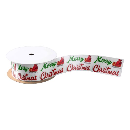 Ruban En Satin Joyeux Noël Père Noël Sleigh rouge vert script (Bobine)