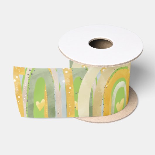 Ruban En Satin Joyeux Rainbows Coeurs Jaune Vert (Bobine)