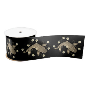 Ruban En Satin Koi poisson oriental noir et or floral élégant