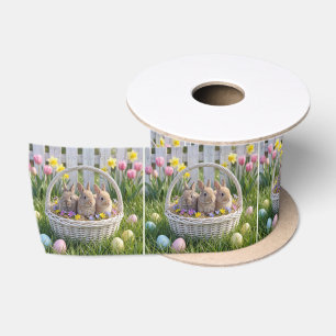 Ruban En Satin Lapins de Pâques dans un panier en osier sur l'her