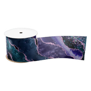 Ruban En Satin Marbre Luxueux Cristal Agate Violet Sarcelle Paill