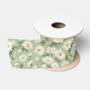 Ruban En Satin Marguerites blanches sur vert