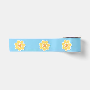 Ruban En Satin Marguerites de printemps sur fond bleu pastel