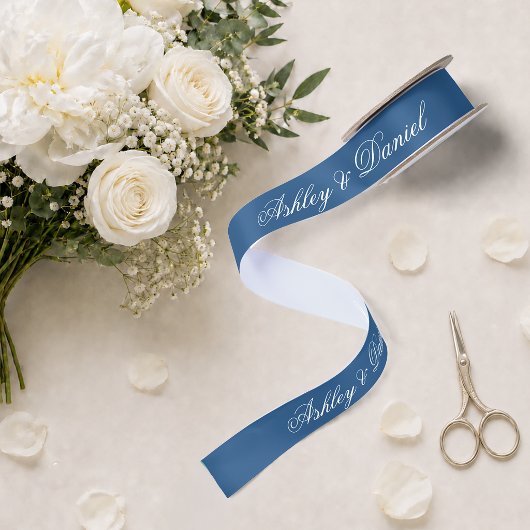 Ruban En Satin Mariage Bleu Classique Écriture Calligraphique Élé