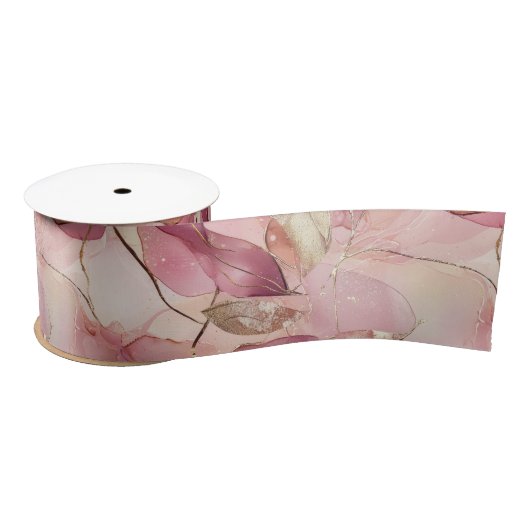 Ruban En Satin Mariage Blush Rose Feuilles Dorées (Bobine)