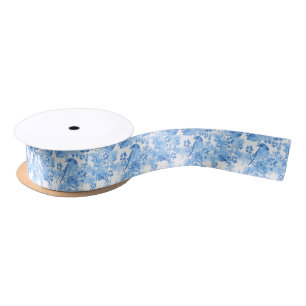 Ruban En Satin Mariage des oiseaux et fleurs bleus