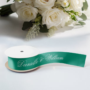 Ruban En Satin Mariage Vert Émeraude Élégant Script Calligraphie