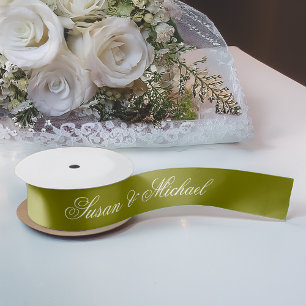 Ruban En Satin Mariage vert olive Élégante Calligraphie Script