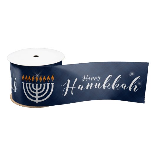 Ruban En Satin Menorah blanche avec Hanoukka bleue et moderne (Bobine)