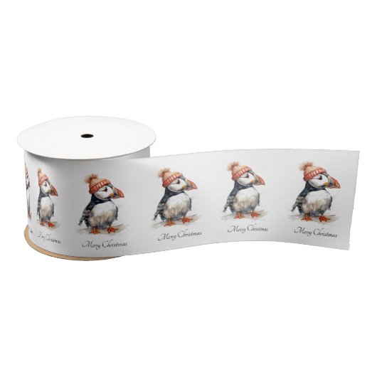 Ruban En Satin Merry Puffin, custom (Bobine)