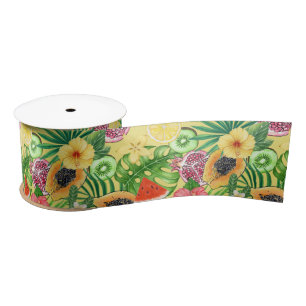 Ruban En Satin Mix-fruit tropical, fleurs et feuilles sur jaune