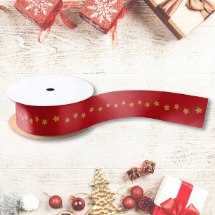 Ruban En Satin Modèle d'étoiles dorées de Noël Rouge
