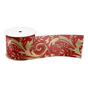 Ruban En Satin Modèle Floral Orné Rouge Or Luxe