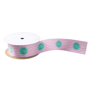 Ruban En Satin Monogramme rose et Turquoise Chevron personnalisé