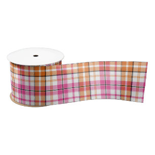Ruban En Satin Motif à carreaux tartan blanc rose orange