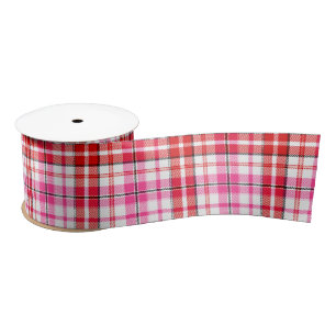 Ruban En Satin Motif à carreaux Tartan blanc rouge rose