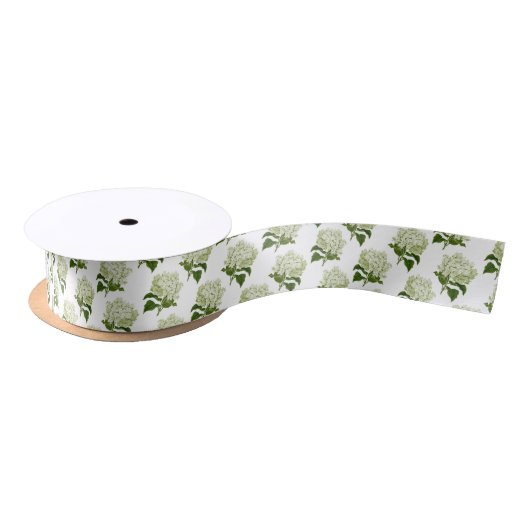 Ruban En Satin Motif à fleurs vert clair et blanc Hydrangea (Bobine)