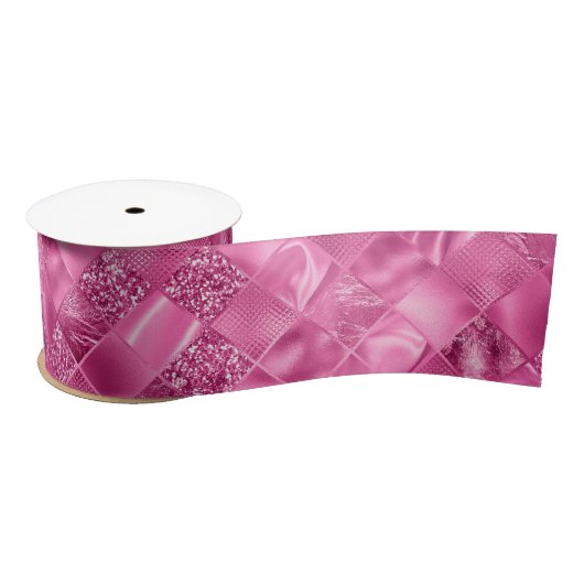 Ruban En Satin Motif à tissage Carré rose chaud (Bobine)