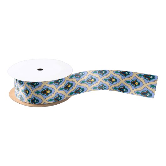 Ruban En Satin Motif arabe marocain en bleu et jaune (Bobine)