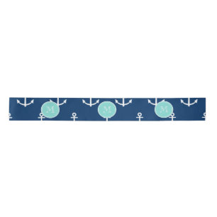 Ruban En Satin Motif blanc d'Ancres de bleu marine, Monogr vert