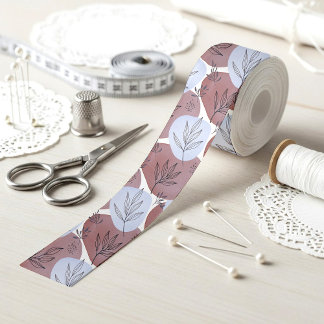 Ruban En Satin Motif botanique abstrait rose poussiéreux et vert