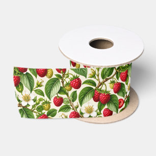 Ruban En Satin Motif botanique de framboise et de fleur