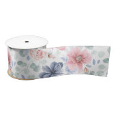 Ruban En Satin Motif botanique floral bleu poussiéreux et rose po (Bobine)