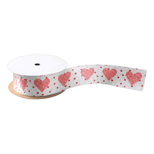 Ruban En Satin Motif Coeurs de Parties scintillant blanc et rouge