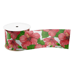 Ruban En Satin Motif d'aquarelle d'hibiscus rouge