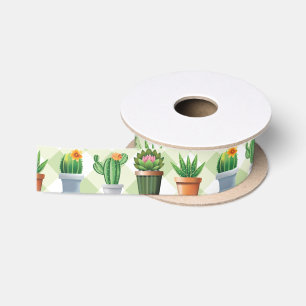 Ruban En Satin Motif de cactus en vichy vert