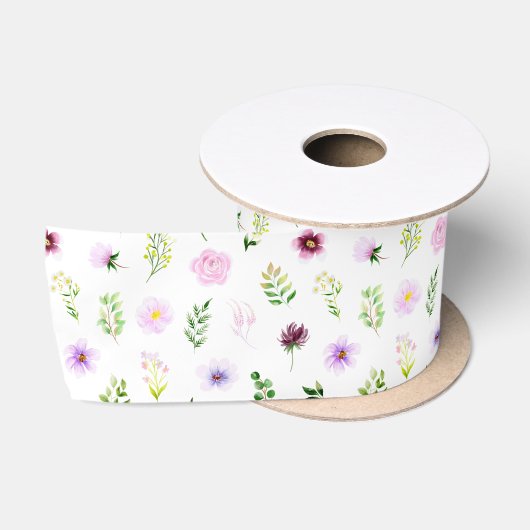 Ruban En Satin Motif de fleurs et de feuillage violets (Bobine)