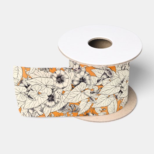 Ruban En Satin Motif de fleurs graphiques blanches orange (Bobine)