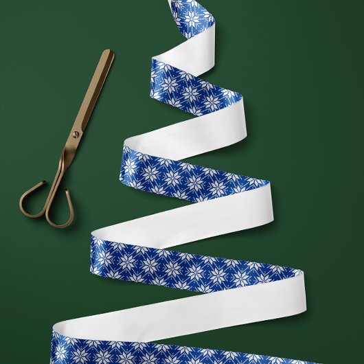 Ruban En Satin Motif de flocon de neige nordique bleu et blanc