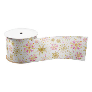Ruban En Satin Motif de flocons de neige hivernaux rose et or
