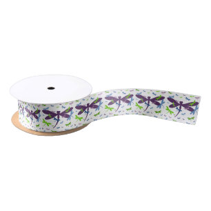 Ruban En Satin Motif de libellules - Bleu, Vert et Violet