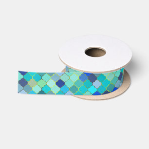 Ruban En Satin Motif de mosaïque marocaine bleu aqua