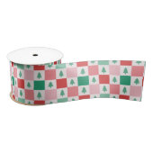 Ruban En Satin Motif de Noël Retro Checkers - Rouge Rose Vert (Bobine)