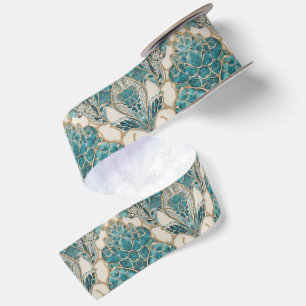 Ruban En Satin Motif d'écailles de sirène Aqua Pearlescent & Or