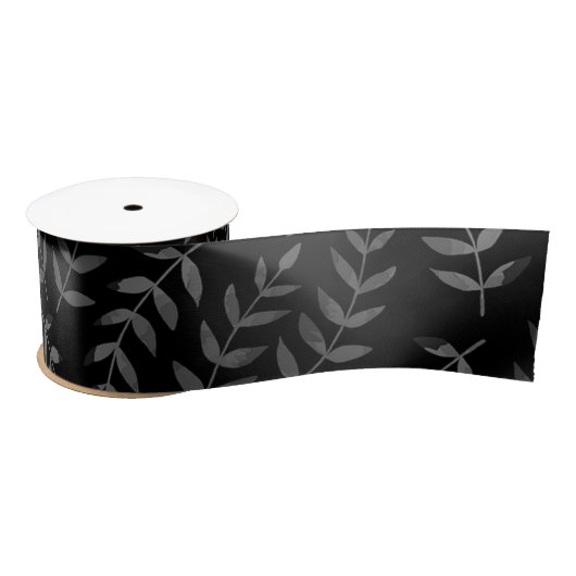 Ruban En Satin Motif feuille gris sur noir (Bobine)